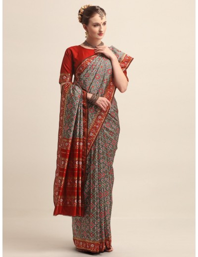 KAPAAHA Woven Navratan Patola Saree (Grey)